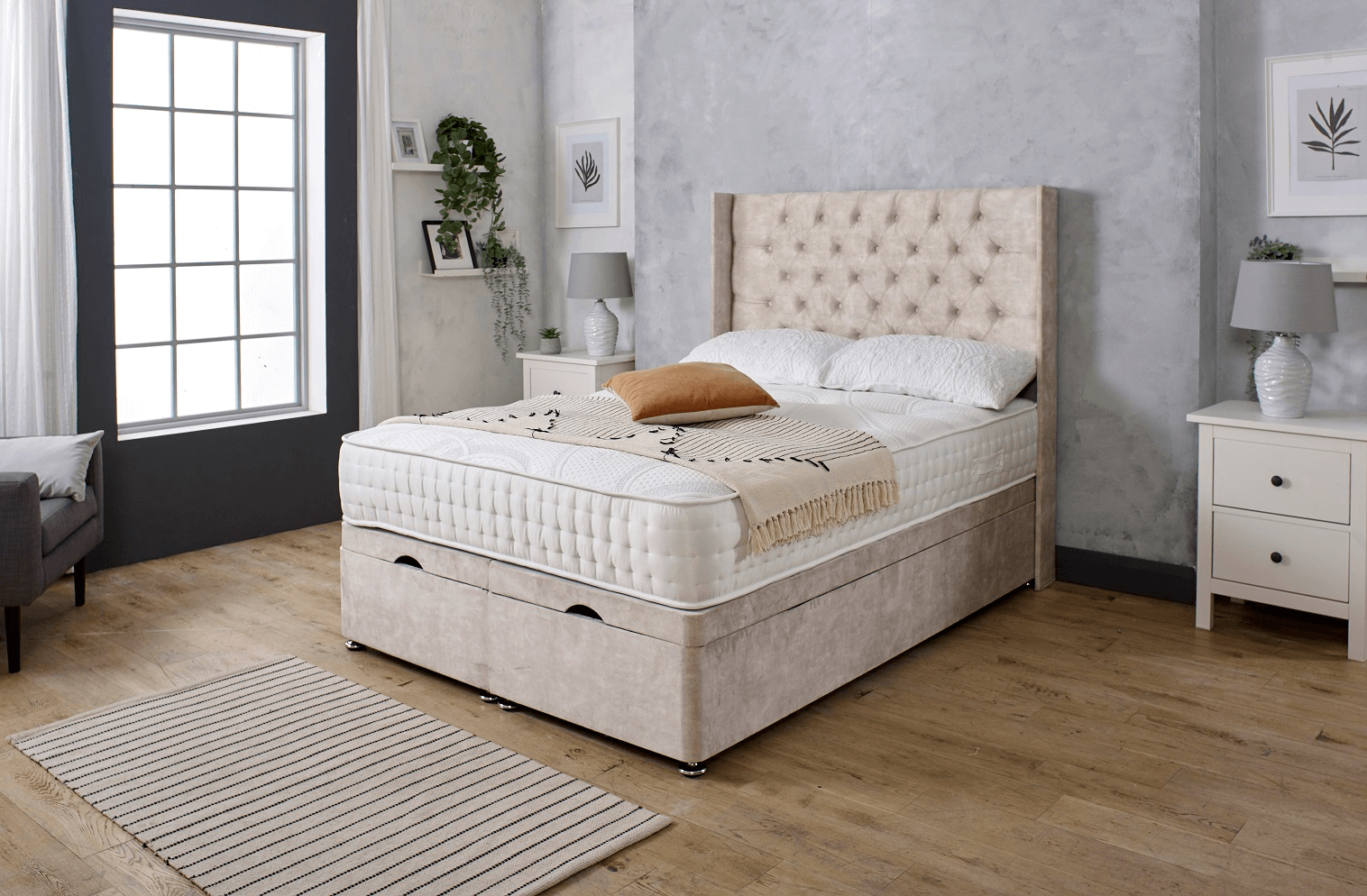 CHARLIE CHESTERFIELD WINGBACK OTTOMAN DIVAN BED WITH FLOOR STANDING HE ...