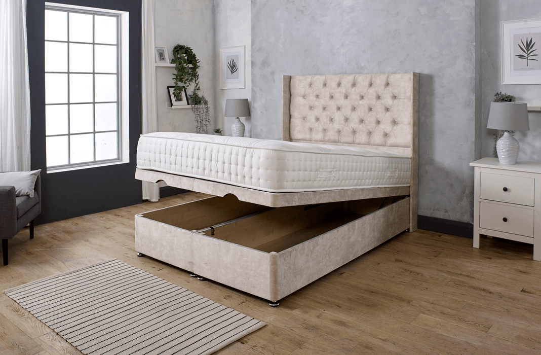 CHARLIE CHESTERFIELD WINGBACK OTTOMAN DIVAN BED WITH FLOOR STANDING HEADBOARD & MATTRESS OPTIONS